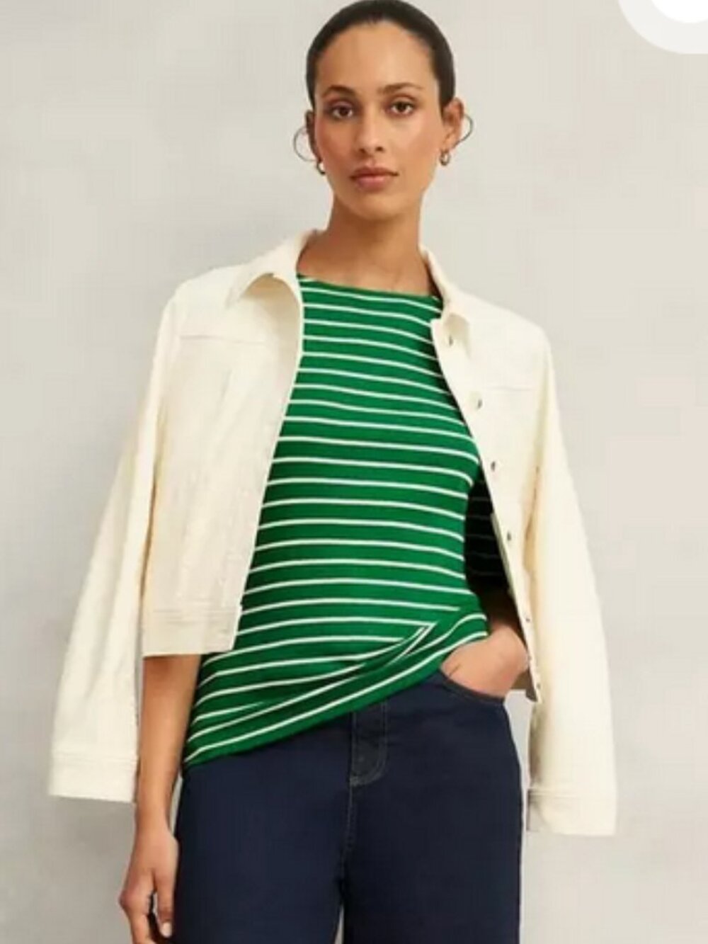 Hobbs London Katie Green White Stripe Button Back T-Shirt Top Nautical size XL